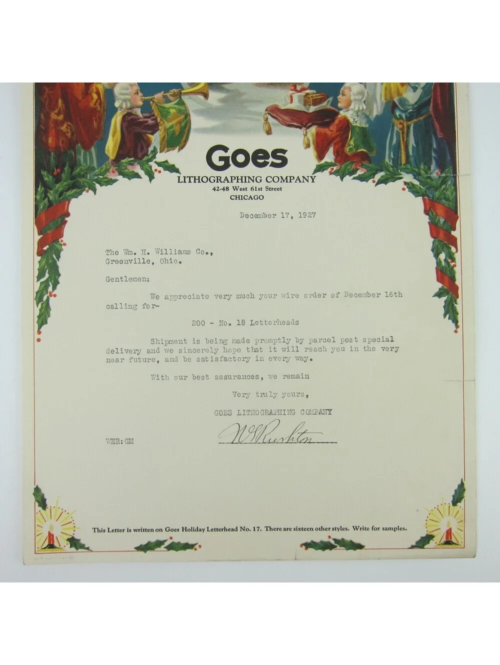 Vintage 1927 Christmas Stationery Sample Royal Meal Fireplace Goes Lithography
